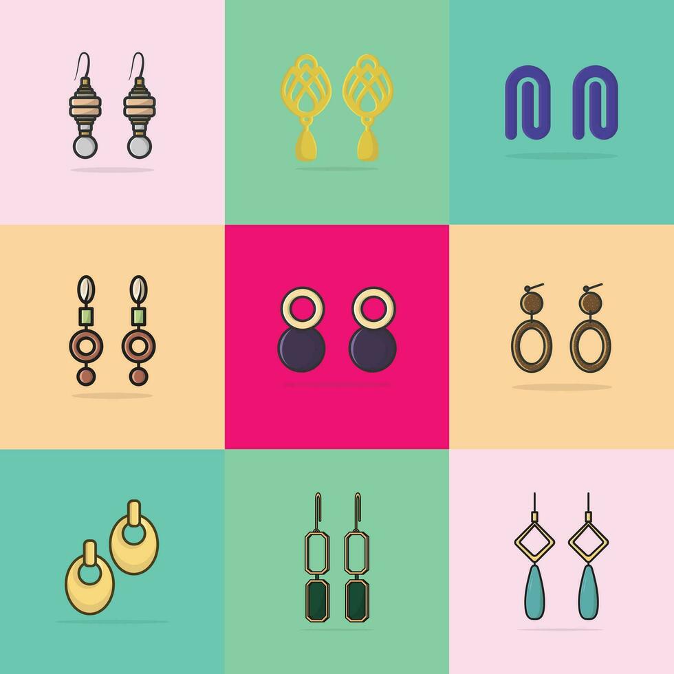 Earrings collection. Shining accessories with gemstones, diamonds, precious stone. Jewelry set. Beautiful Earrings Jewelry Collection vector design.