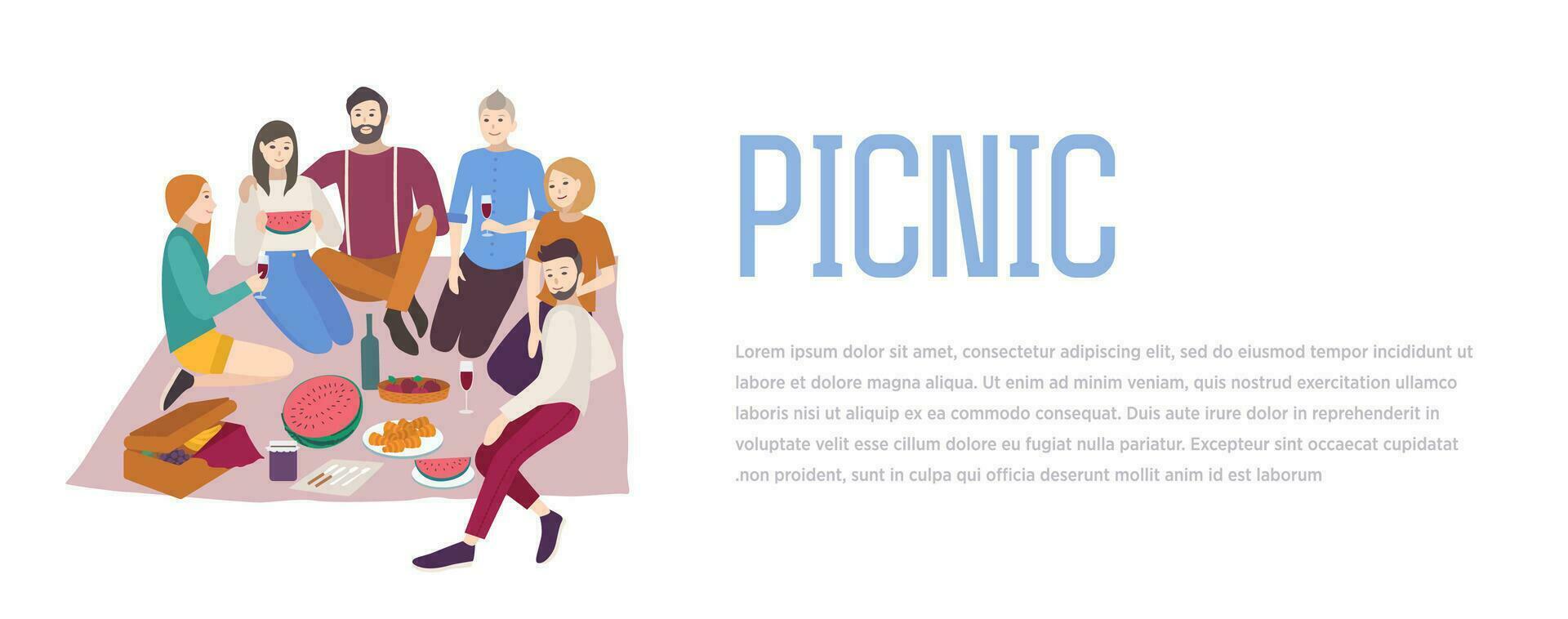 picnic, vector ilustración. amigos empresa juntos, al aire libre relajarse. personas recreación escena en plano estilo. fondo, bandera con sitio para texto.