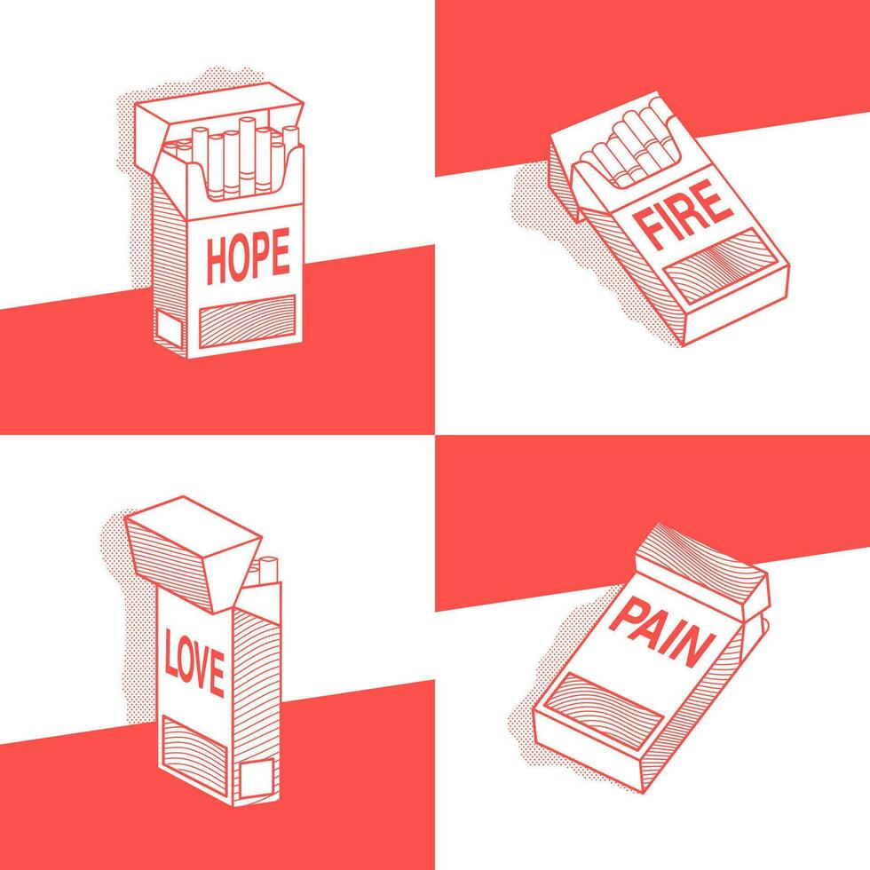concept, set of pack of cigarettes with different inscriptions, pain, hope, love, fire. various variants. vector illustrations collection.