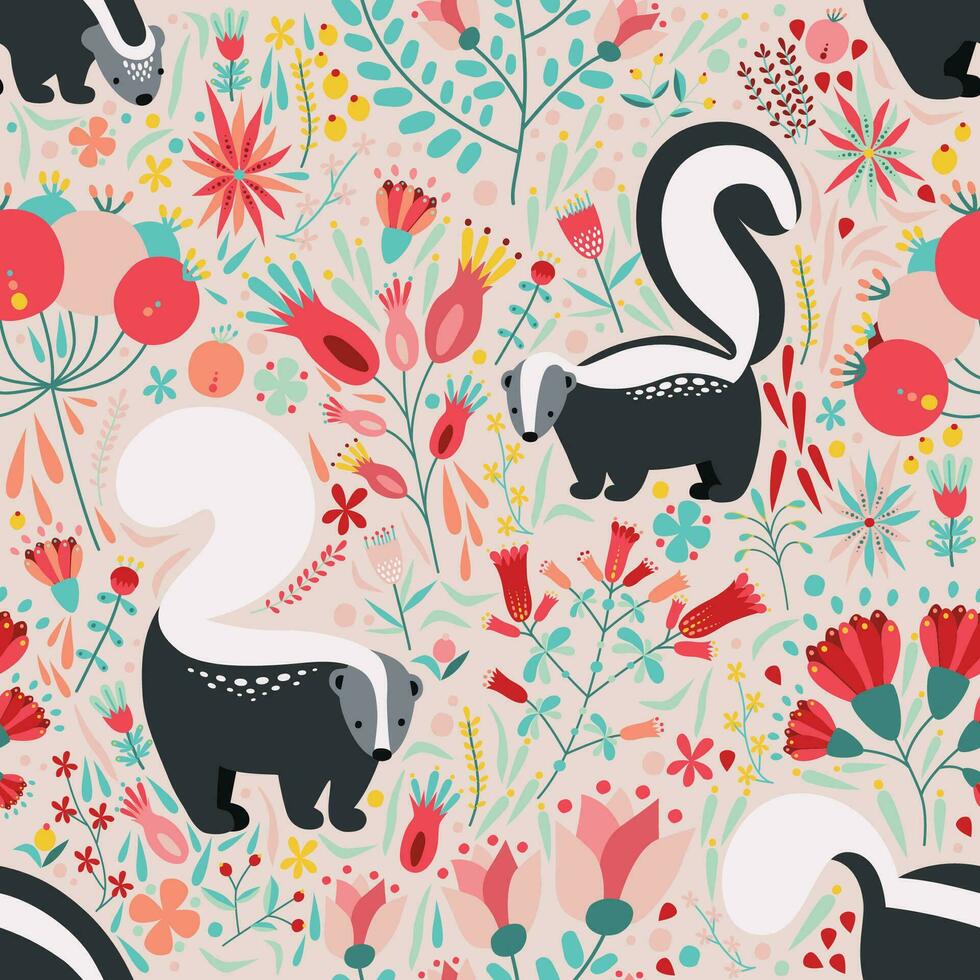 Seamless pattern in flat style with cartoon floral elements, flowers and skunks. Cute colorful background. vector