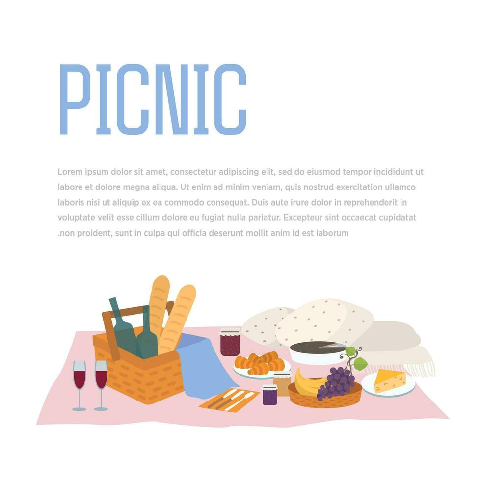 Picnic, outdoor relax vector illustration. food and basket in flat style. Background with place for text.