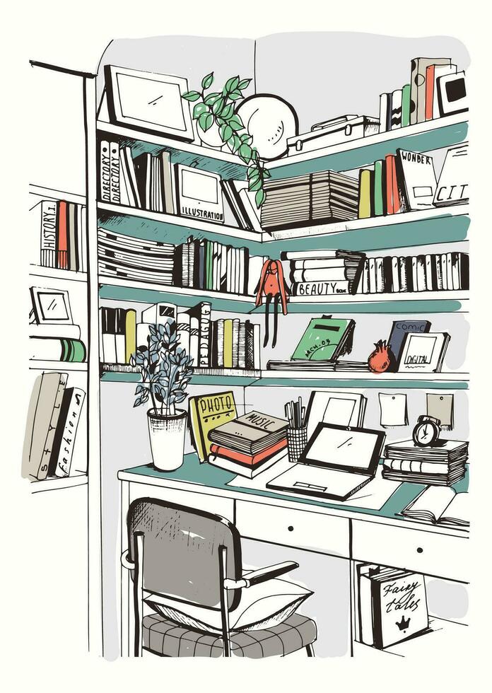 moderno interior hogar biblioteca, estantería, lugar de trabajo mano dibujado vistoso bosquejo ilustración. vector