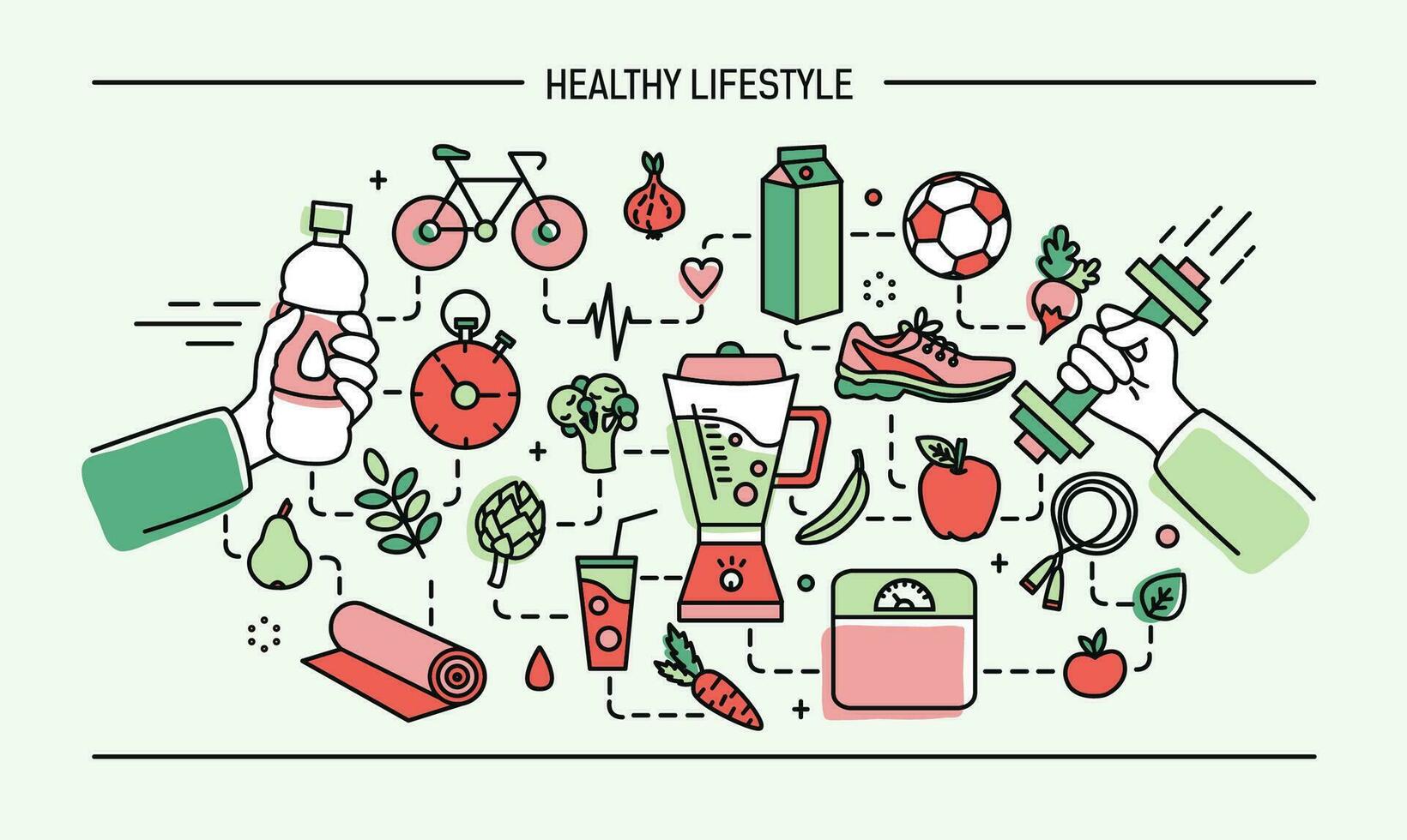 Line art flat colorful vector illustration healthy lifestyle, sport and food objects.