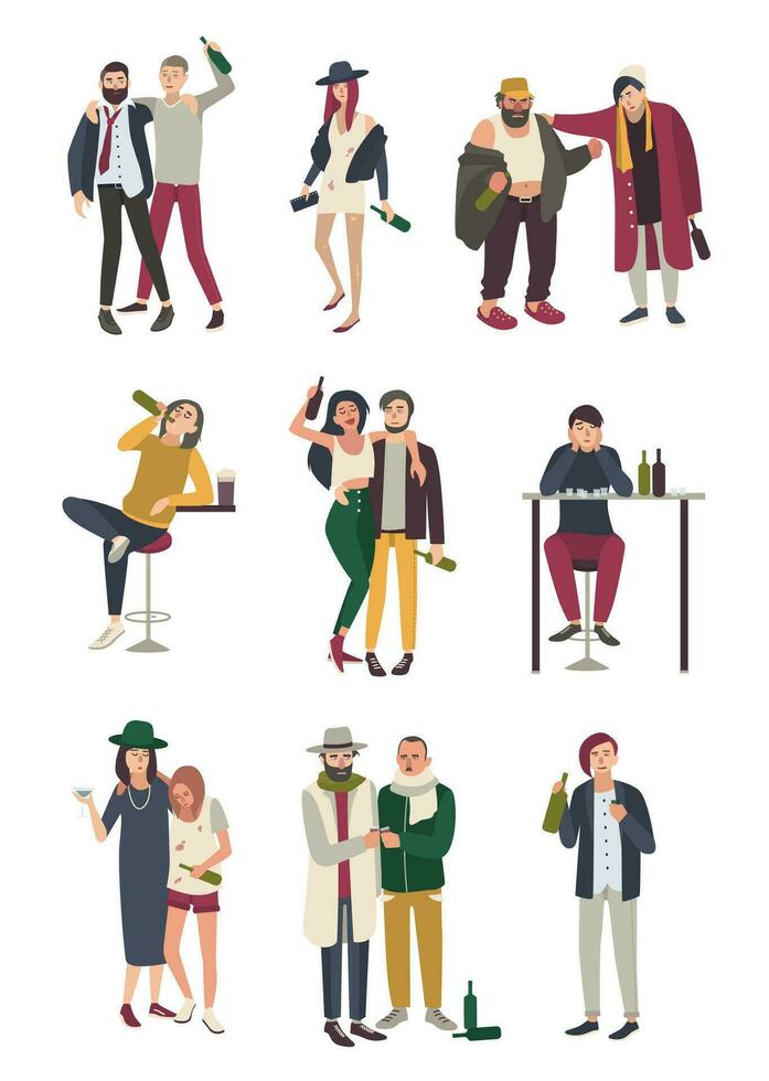 Drunk people in various situation. Flat characters set. woman and man, girl and boy on white background. vector