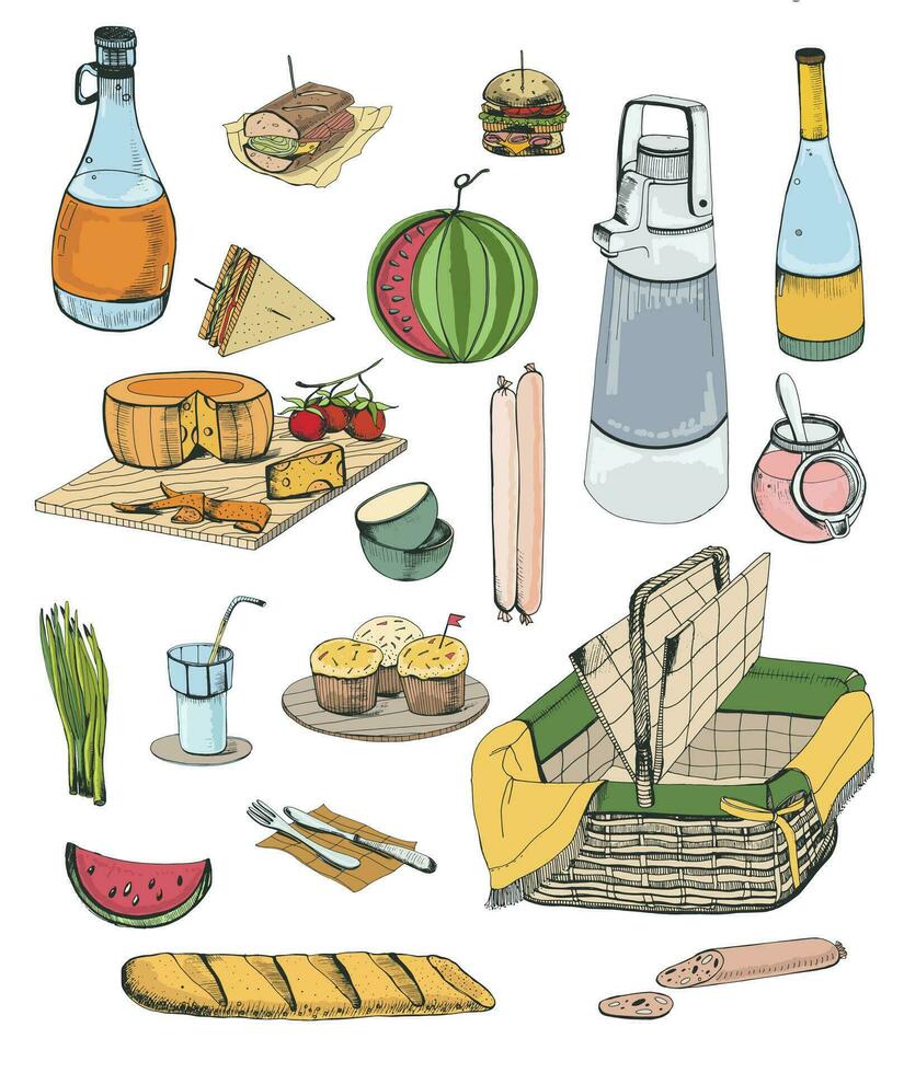 Hand drawn picnic items set. Collection with various food, drinks, basket illustration. vector