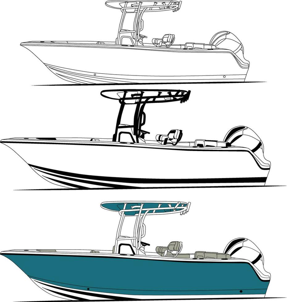 Boat vector, Side view fishing boat vector line art illustration