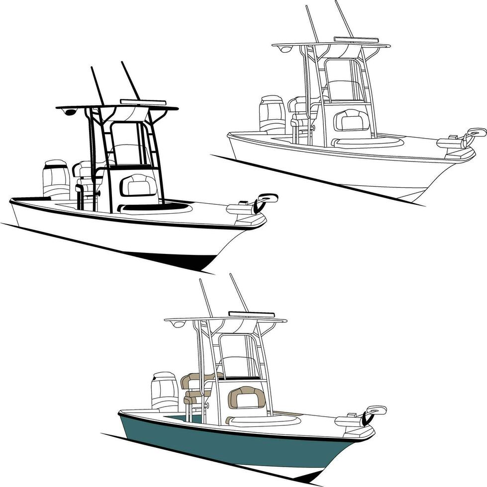 Fishing Boat Line Drawing vector and illustration and one color.