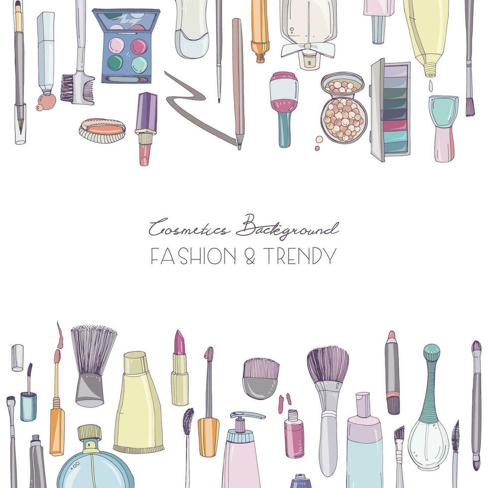 Fashion cosmetics square background with make up artist objects. Vector hand drawn illustration with place for text.