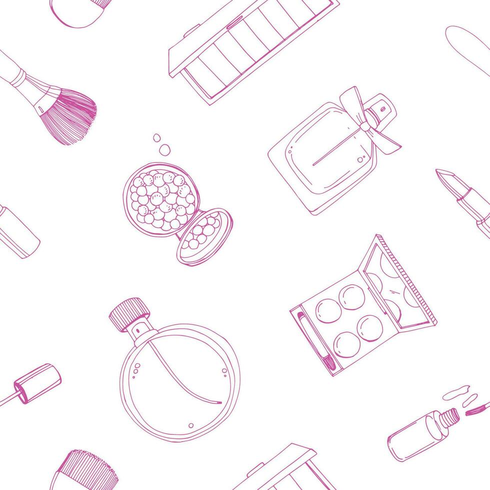 Fashion cosmetics seamless pattern with make up artist objects. Colorful vector hand drawn illustration.