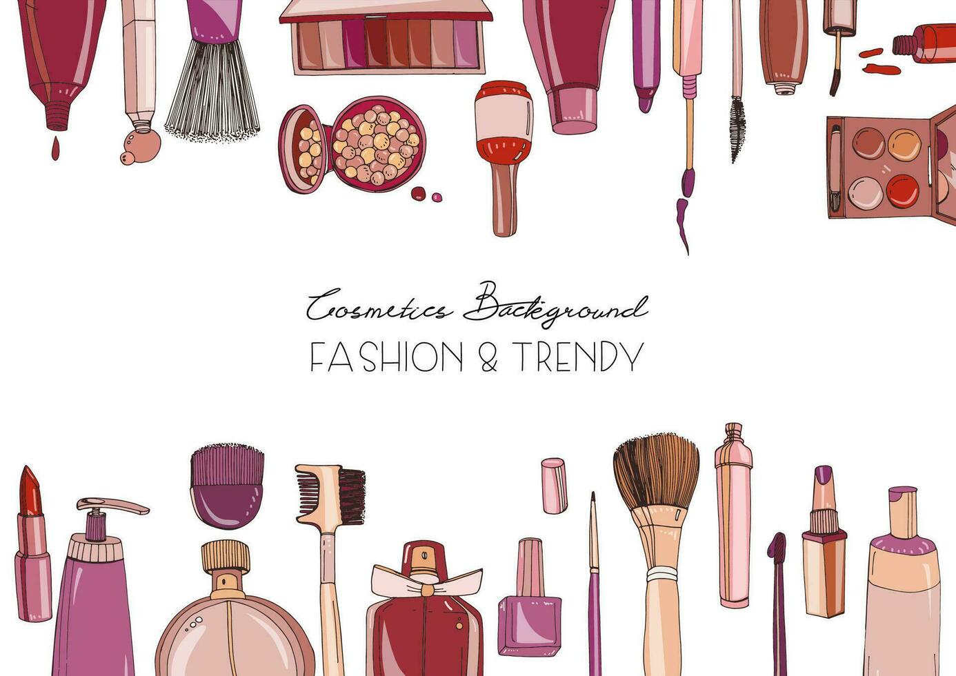 Fashion cosmetics horizontal background with make up artist objects. Vector hand drawn illustration with place for text.