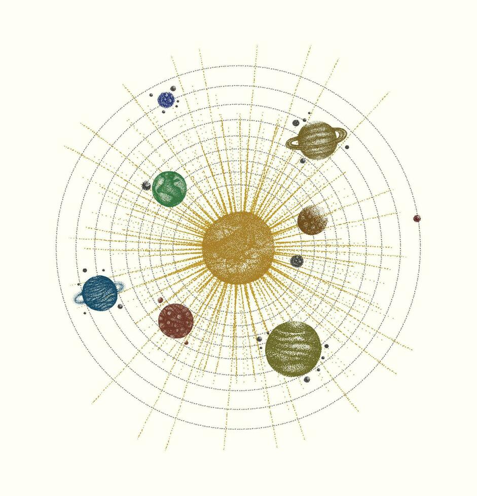 solar system in dotwork style. planets in orbit. vintage hand drawn colorful illustration. vector