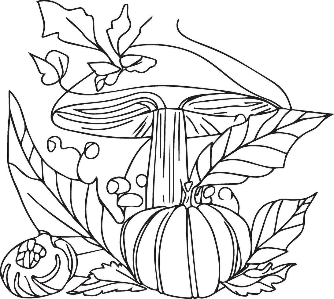 Masrum and autumn leaf coloring pages, printable autumn colorng sheet. autumn leaf black and white illustration vector