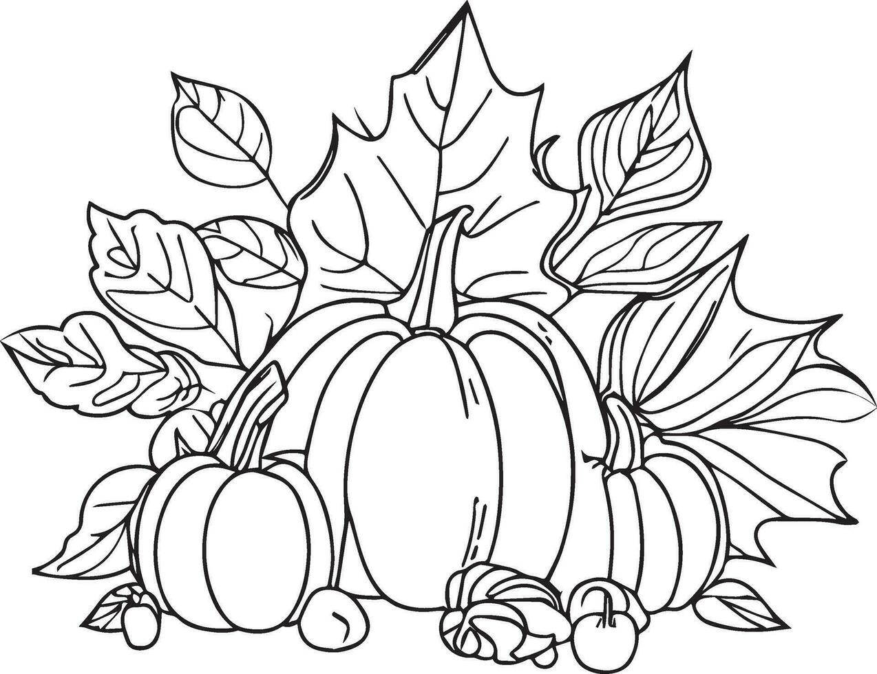 Autumn leaf coloring pages for children, Thanksgiving celebration line drawing, leaf pumpkin line art, September fall leaves illustrations coloring pages vector