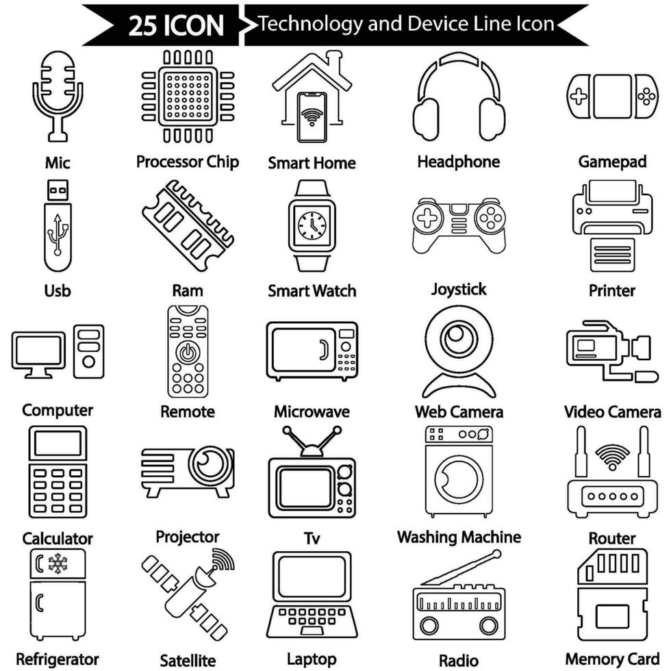 tecnología y dispositivo contorno icono paquete vector