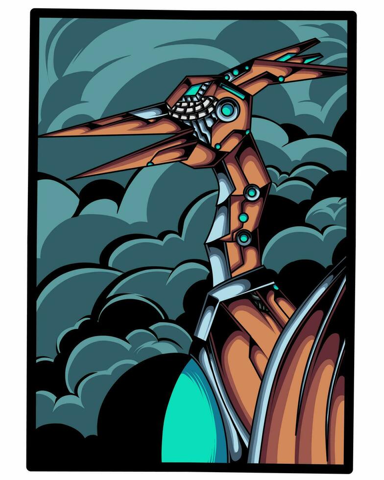 ilustración de un pteranodon robot cabeza con un nube antecedentes vector