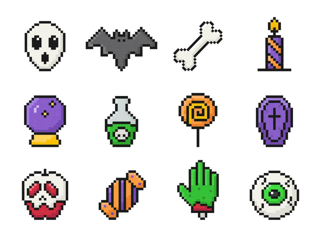 Víspera de Todos los Santos píxel Arte conjunto iconos, antiguo, 8 poco, años 80, 90s juegos, computadora arcada juego elementos, fantasma, murciélago, hueso, vela, magia pelota, veneno, chupete, manzana, dulce, zombi mano, ojo, vector ilustración