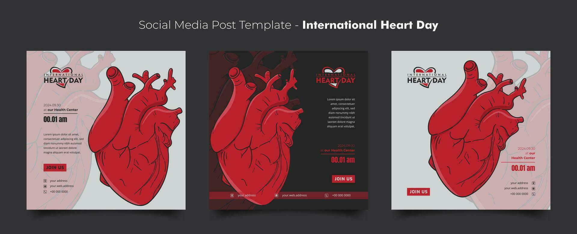 Set of social media post template for world heart day campaign with illustration of human heart vector
