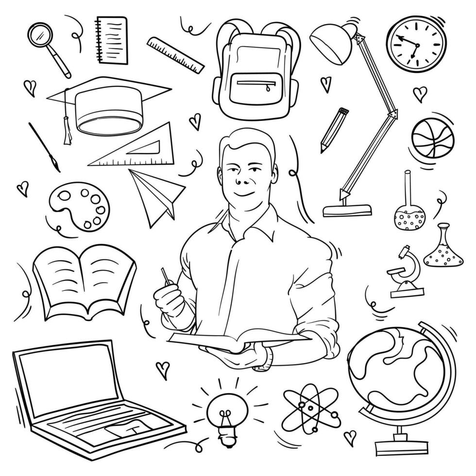 Teacher brings a book and holds a pen with learning tools in doodle art design for world teacher day vector