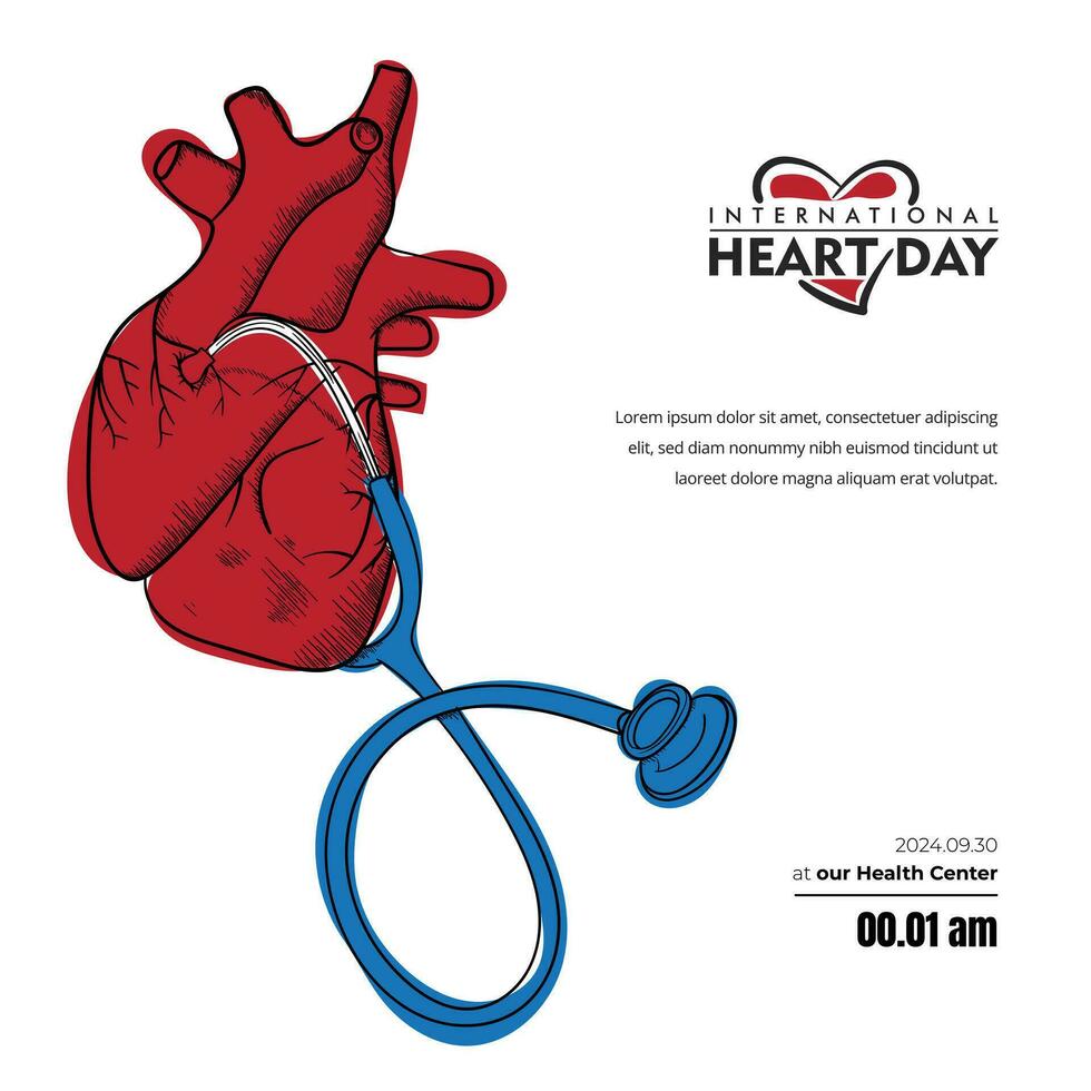 Heart and stethoscope in hand drawn illustration design for world heart day template vector
