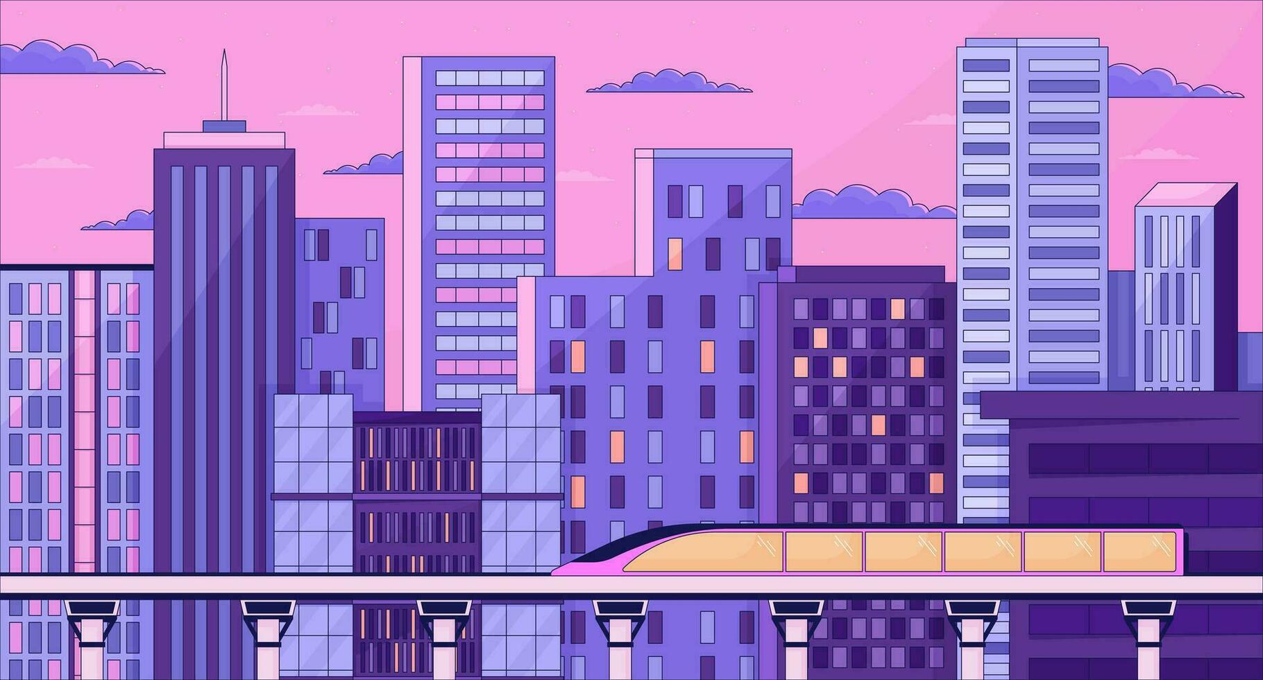 Bullet train night skyscrapers lo fi aesthetic wallpaper. Highrise buildings twilight, railway train 2D vector cartoon cityscape illustration, purple lofi background. 90s retro album art, chill vibes