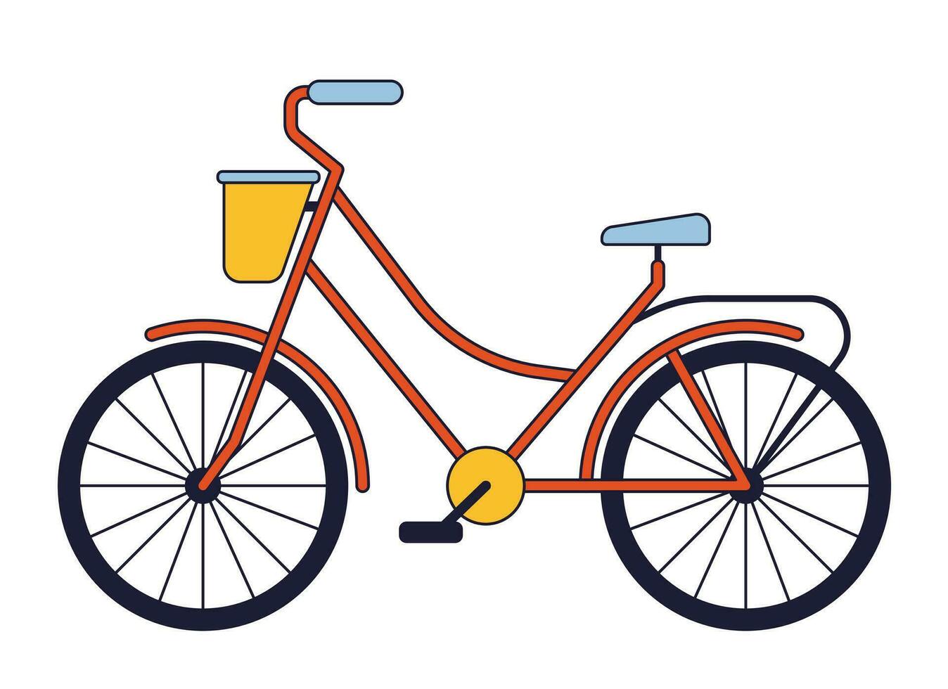 Bicycle with basket flat line color isolated vector object. Single track vehicle. Transport. Editable clip art image on white background. Simple outline cartoon spot illustration for web design