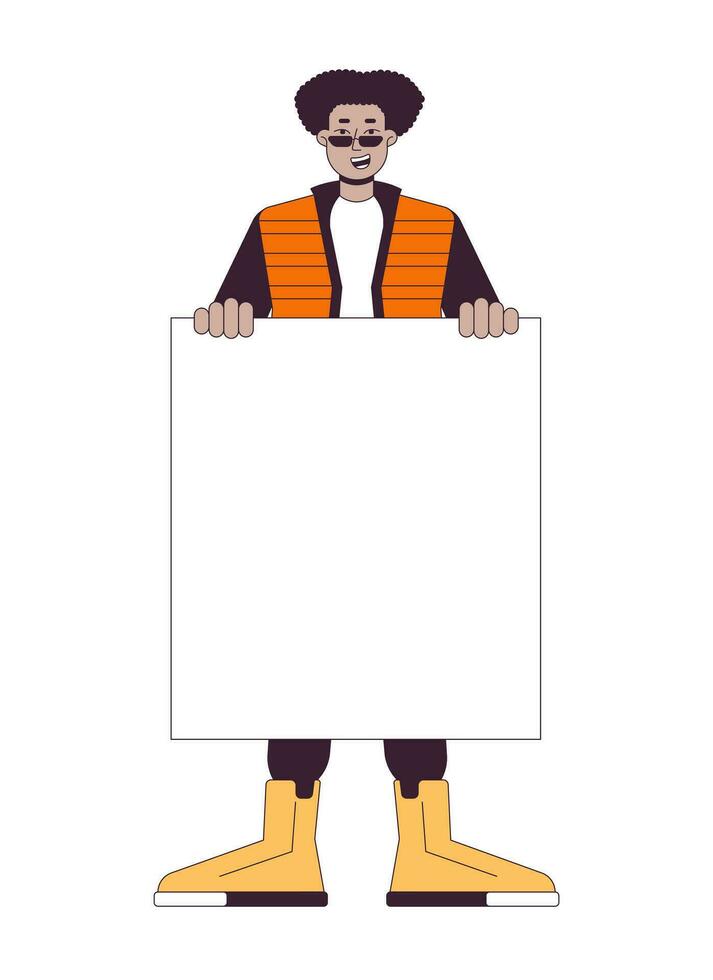 Happy black man with empty blank flat line color vector character. Peaceful protest. March. Editable outline full body person on white. Simple cartoon spot illustration for web graphic design