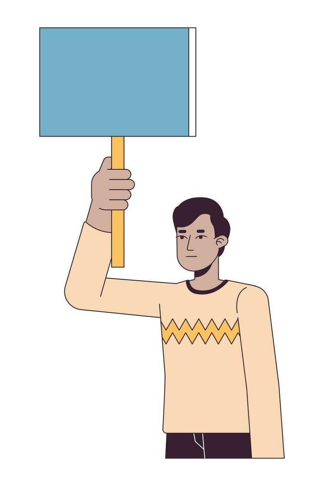 Empty banner in indian man hand flat line color vector character. Protesting. Editable outline half body person on white. Simple cartoon spot illustration for web graphic design