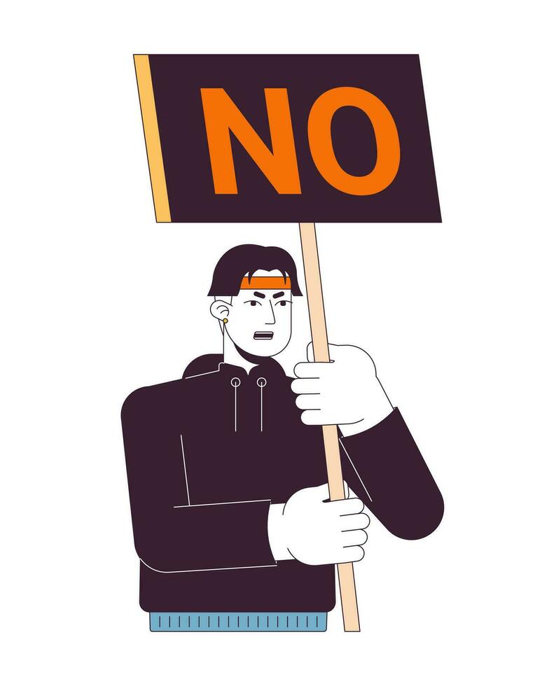 Male protester flat line color vector character. Unhappy asian man protesting. Banner. Editable outline full body person on white. Simple cartoon spot illustration for web graphic design