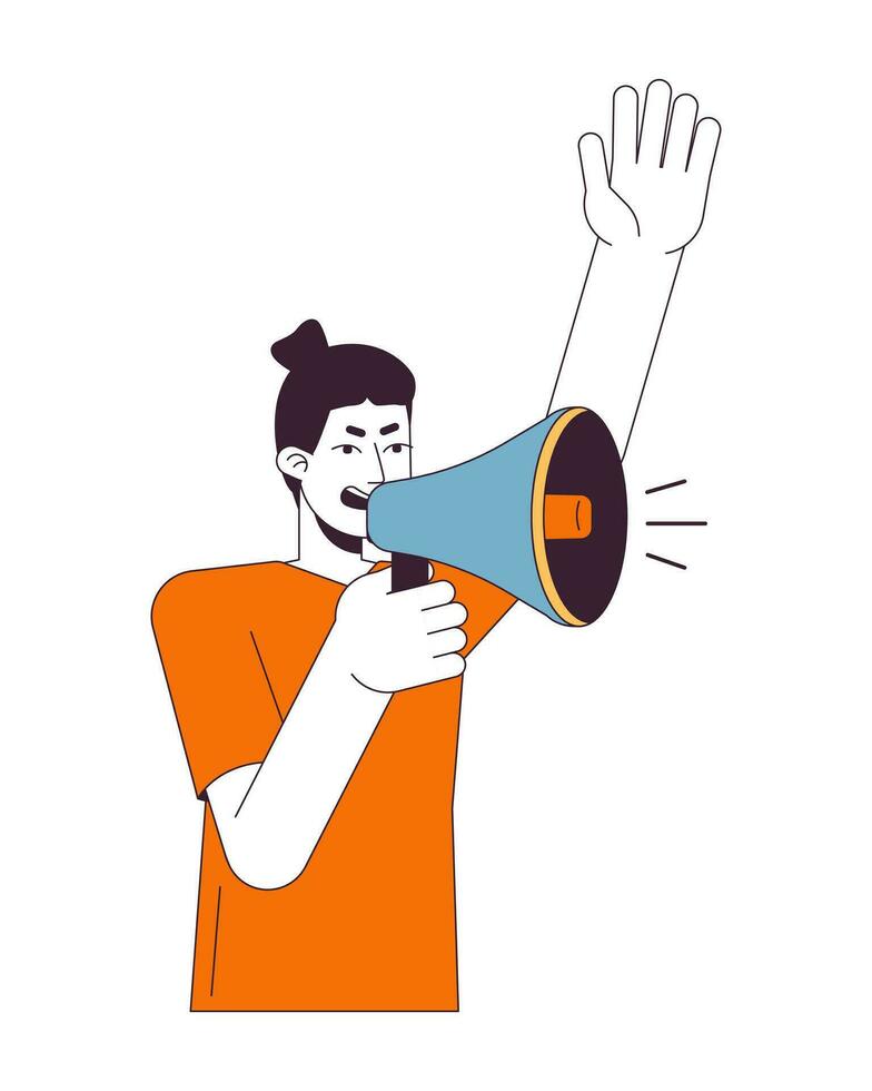 Inspired man with megaphone flat line color vector character. Shouting speech. Demonstration. Editable outline full body person on white. Simple cartoon spot illustration for web graphic design