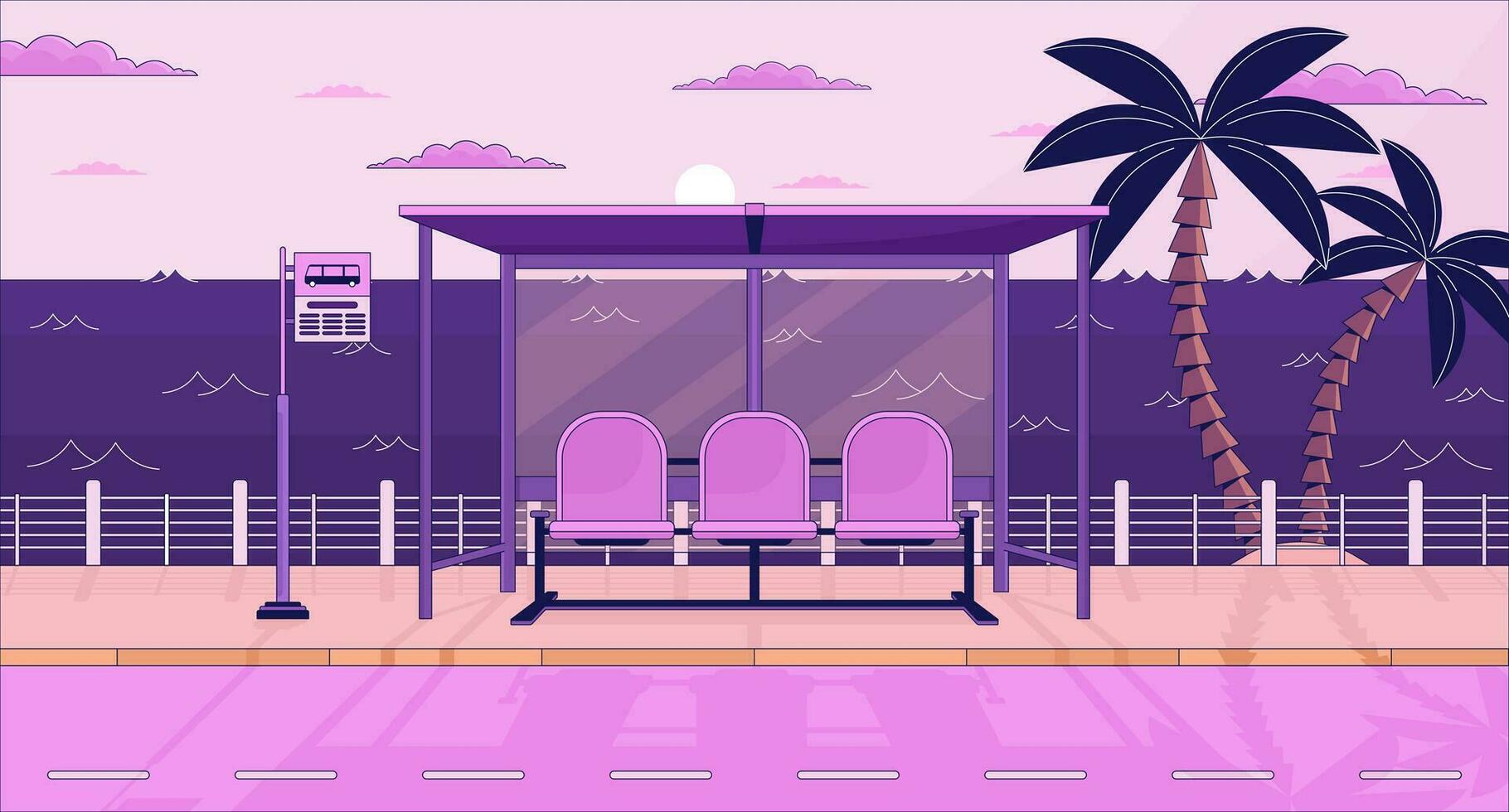 autobús detener banco en crepúsculo frente al mar lo fi estético fondo de pantalla. esperando para autobús, tropical ciudad 2d vector dibujos animados paisaje ilustración, púrpura lofi antecedentes. 90s retro álbum arte, frío vibraciones