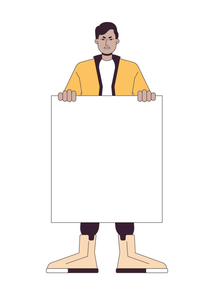 Angry protest flat line color vector character. Shouting slogans. Man holding placard. Editable outline full body person on white. Simple cartoon spot illustration for web graphic design