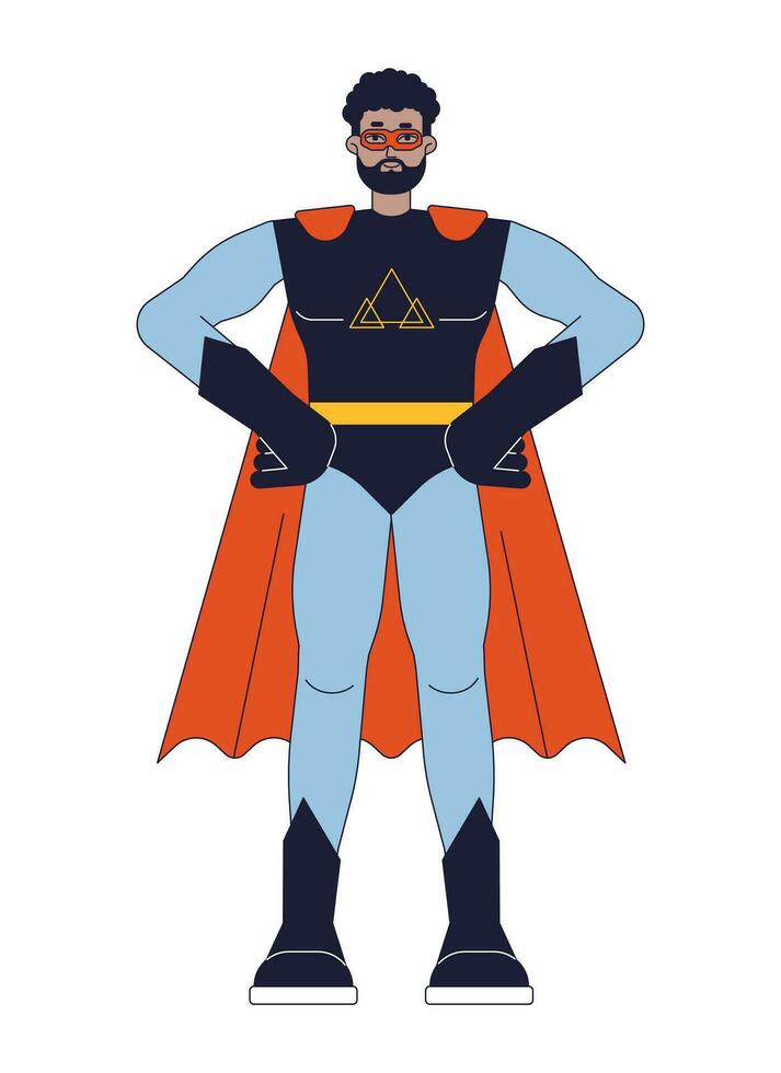 Superhero in mask flat line color vector character. Empowered man in suit. Protecting world. Editable outline full body person on white. Simple cartoon spot illustration for web graphic design