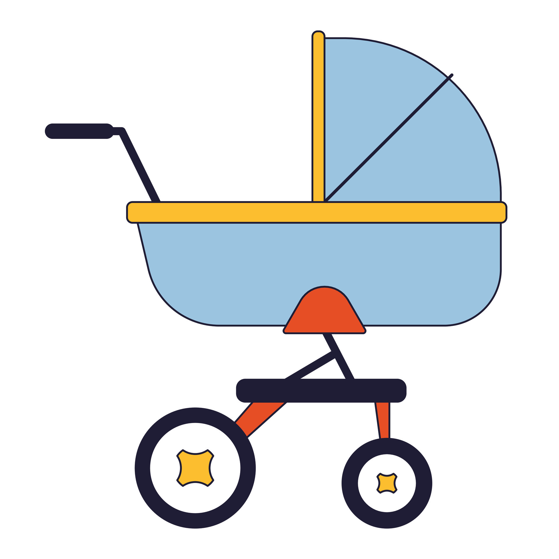 Baby stroller flat line color isolated vector object. Small bed on