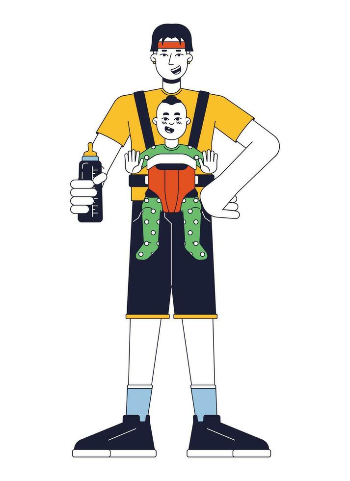 padre con bebé plano línea color vector personaje. familia hombre. emocionado padre con alimentación botella. editable contorno lleno cuerpo persona en blanco. sencillo dibujos animados Mancha ilustración para web gráfico diseño