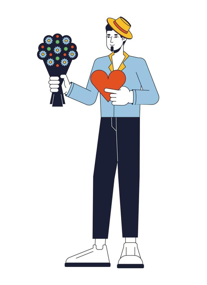 Lover flat line color vector character. Romantic man holding bouquet and sweets. Editable outline full body person on white. Simple cartoon spot illustration for web graphic design