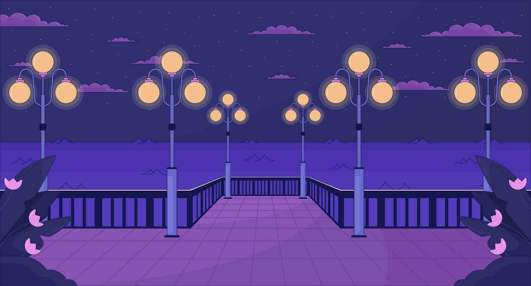 noche frente al mar con luces de la calle lo fi estético fondo de pantalla. Noche ciudad muelle, brillante Farolas 2d vector dibujos animados paisaje urbano ilustración, púrpura lofi antecedentes. 90s retro álbum arte, frío vibraciones