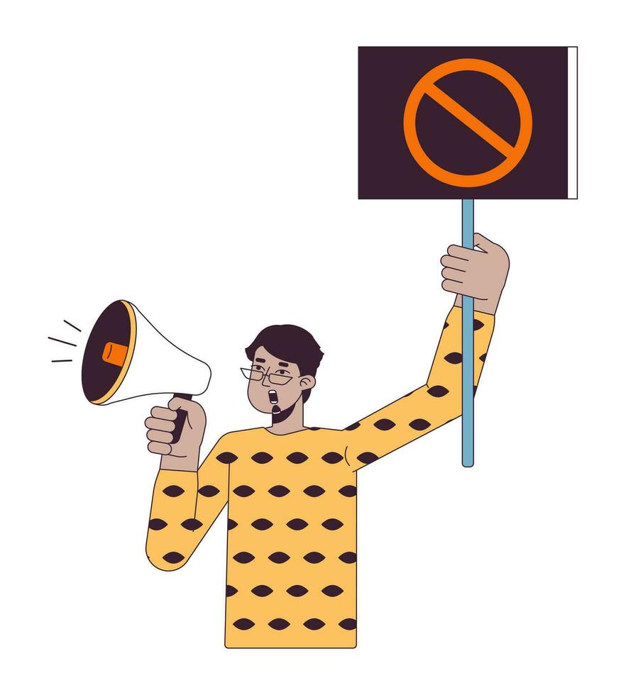 Indian man shouting in megaphone flat line color vector character. Slogan on banner. Editable outline half body person on white. Simple cartoon spot illustration for web graphic design