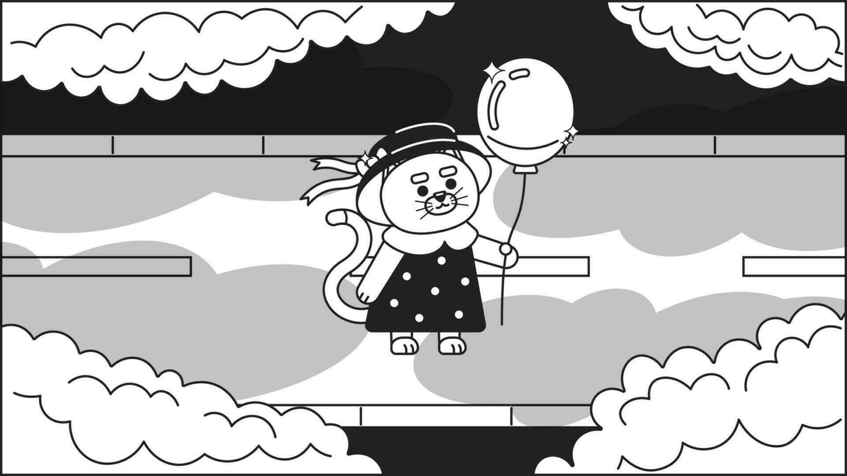 Kawaii cat with balloon watching clouds black and white cute chill lo fi wallpaper. Cloud gazing kitten in dress linear 2D vector cartoon character illustration, monochrome lofi anime background