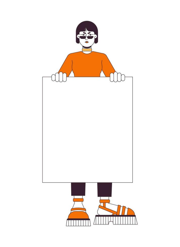 Disappointed asian girl protesting flat line color vector character. Holding blank placard. Editable outline full body person on white. Simple cartoon spot illustration for web graphic design