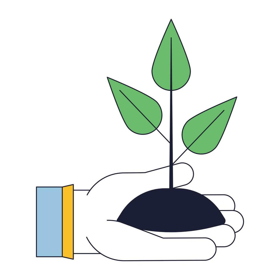 Holding plant flat line concept vector spot illustration. Gargening. Hobby. Put plant into soil 2D cartoon outline hand on white for web UI design. Editable isolated color hero image