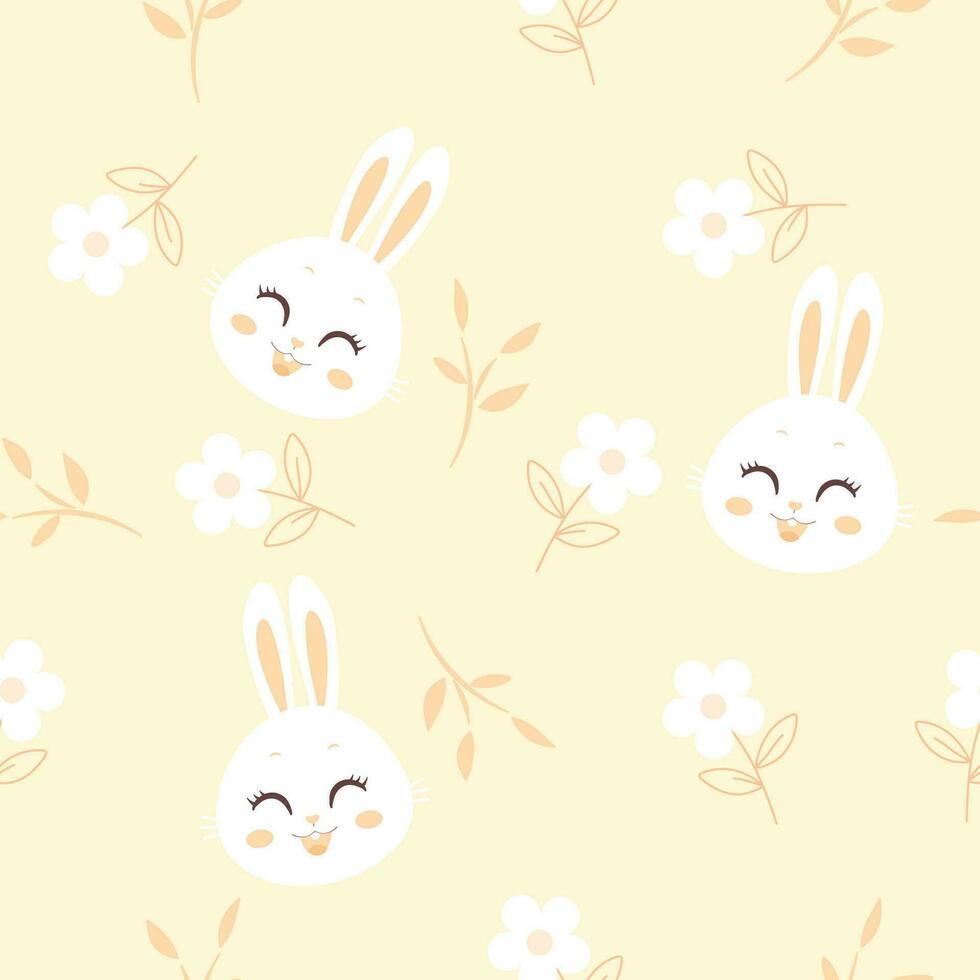 Seamless pattern with cute rabbit cartoon flowers and branches on yellow background illustration vector