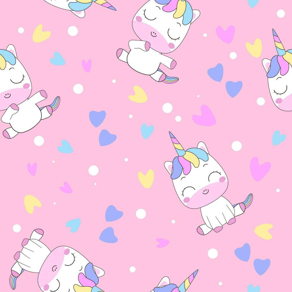 Cute cartoon unicorn, heart, circle, decorative element on a pastel pink background. Flat vector style for children. Animals. Hand drawn. Baby design for fabric. Print. Wrapping paper.