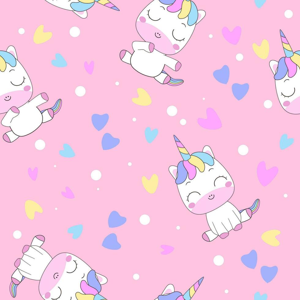 Cute cartoon unicorn, heart, circle, decorative element on a pastel pink background. Flat vector style for children. Animals. Hand drawn. Baby design for fabric. Print. Wrapping paper.