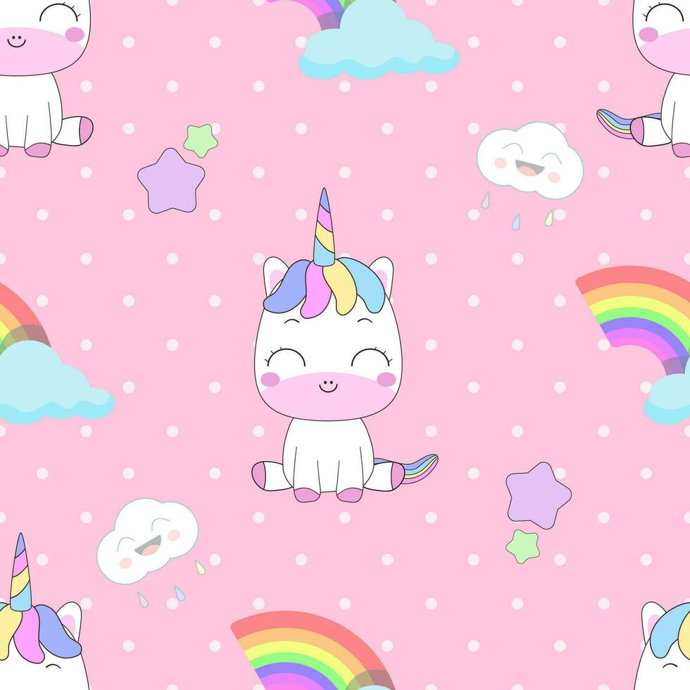 Cute little unicorn decorated with rainbows, stars and clouds seamless on a pink background with white dots. vector