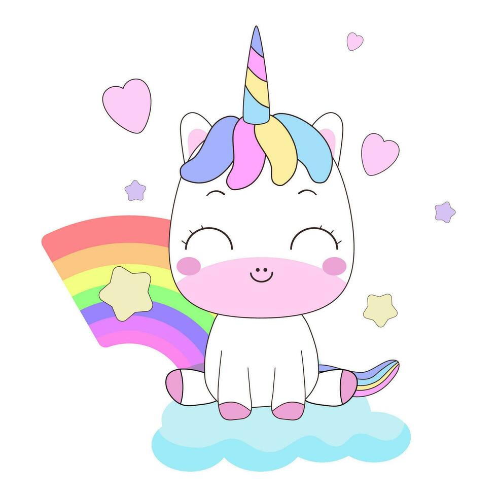 linda unicornio Decorar con arcoiris, corazones y estrellas para ilustración. vector