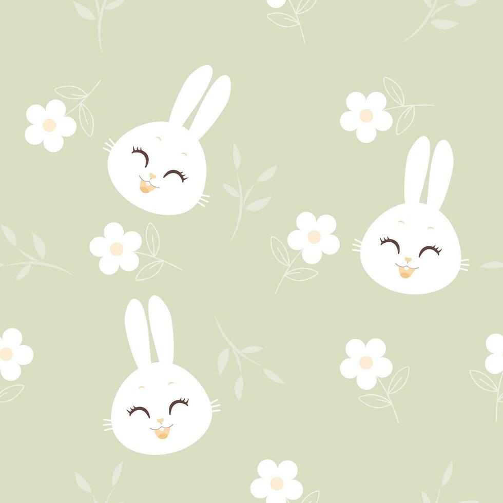 Seamless pattern with cute rabbit cartoon Flowers and branches on green background illustration. vector