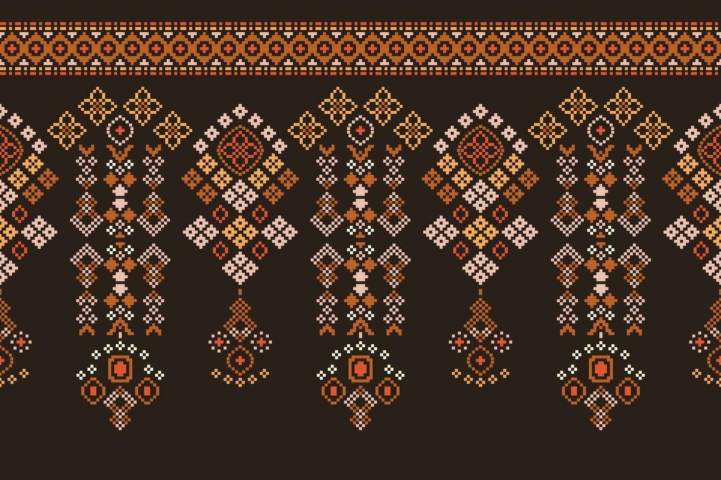 Ethnic geometric fabric pattern Cross Stitch.Ikat embroidery Ethnic oriental Pixel pattern brown background. Abstract,vector,illustration. Texture,clothing,frame,decoration,motifs,silk wallpaper. vector