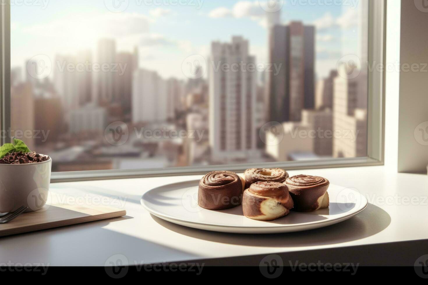 Chocolate Swiss Roll Cake coated with Chocolate Chips on table top, AI Generated photo