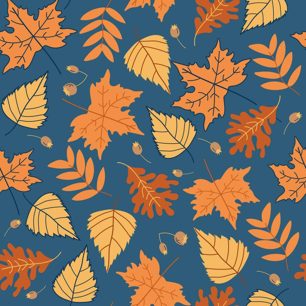 Autumn leaves seamless repeating pattern vector illustration. Dark background. Good for wrapping paper, textile prints, stationary, nursery decor, apparel, scrapbooking, etc.