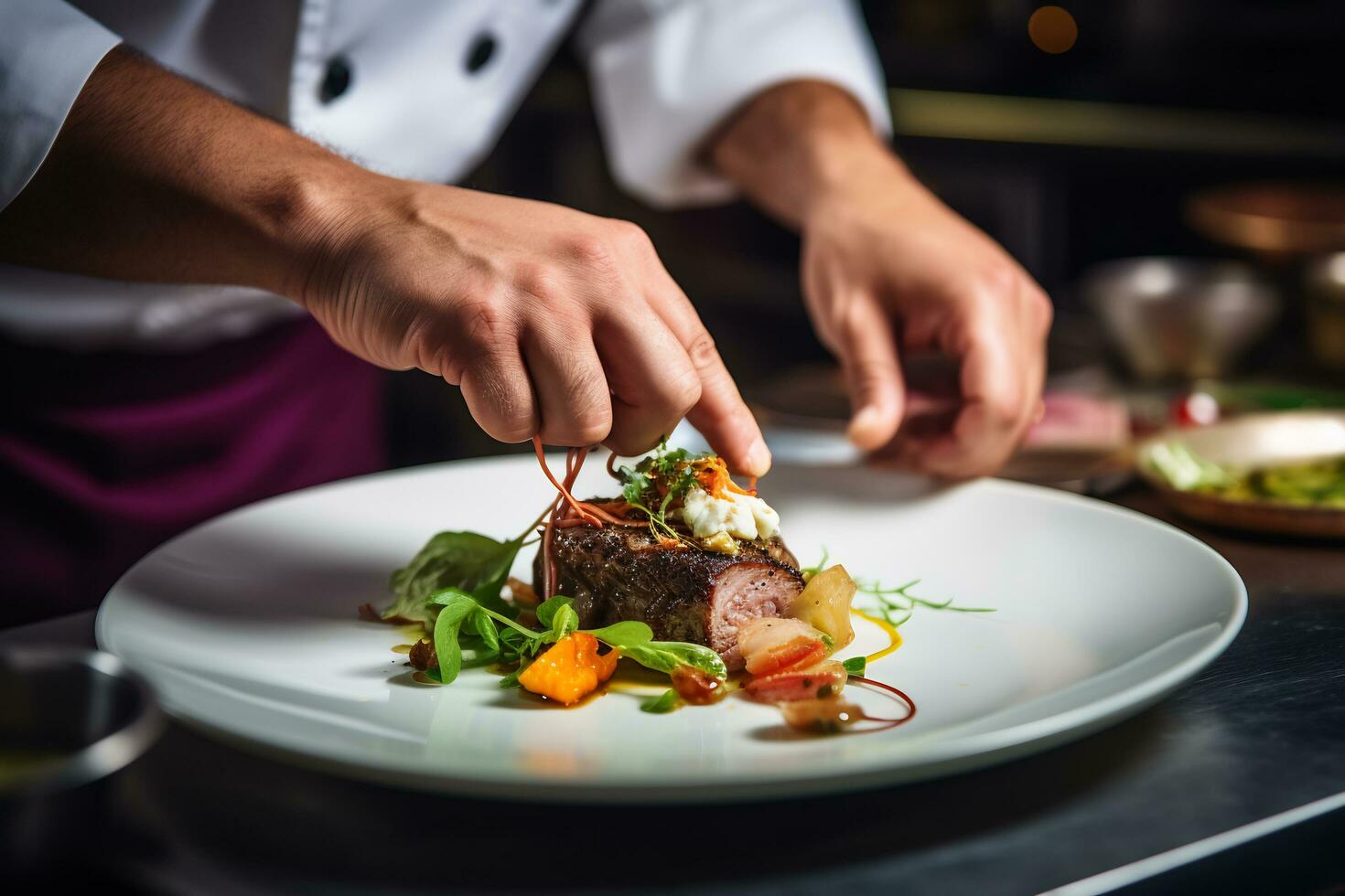 A chef arranging food on a plate close up shot photo